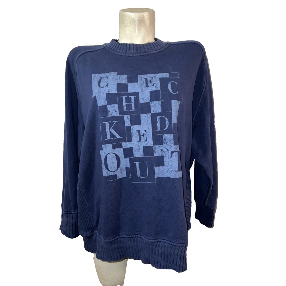 Aerie Womens Oversized Checked Out Graphic Sweatshirt‎ Navy Blue Crewneck S